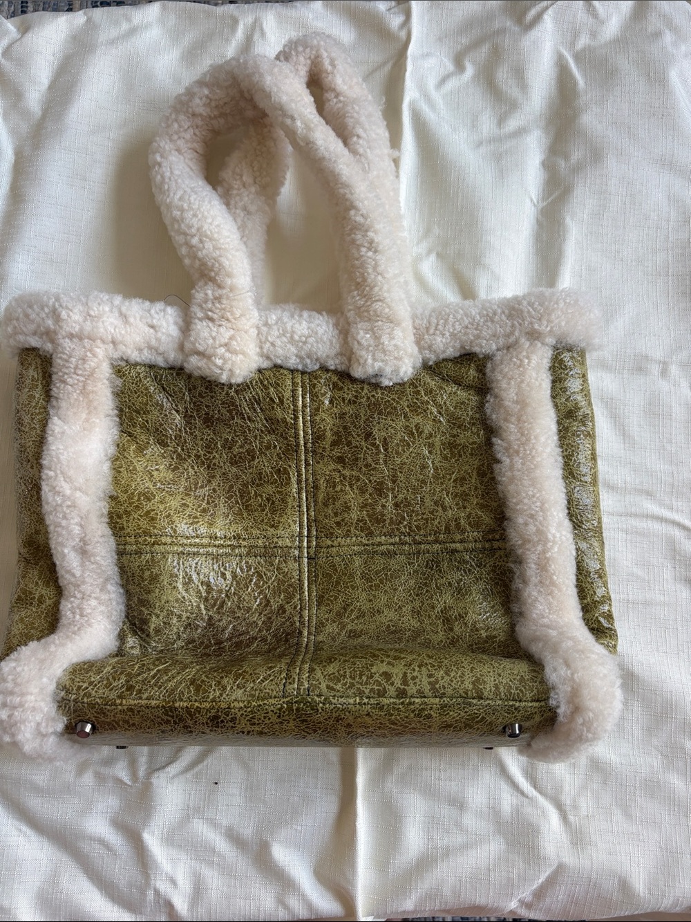 Olive Lamb Leather Tote with Cream Shearling Trim